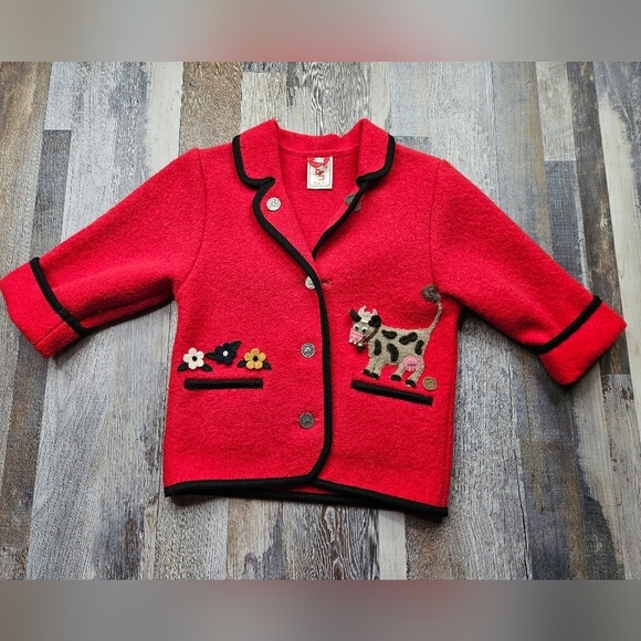 Elegance Seiler Red Jacket Cardigan Vintage Wool Cow Graphic - Picture 1 of 12